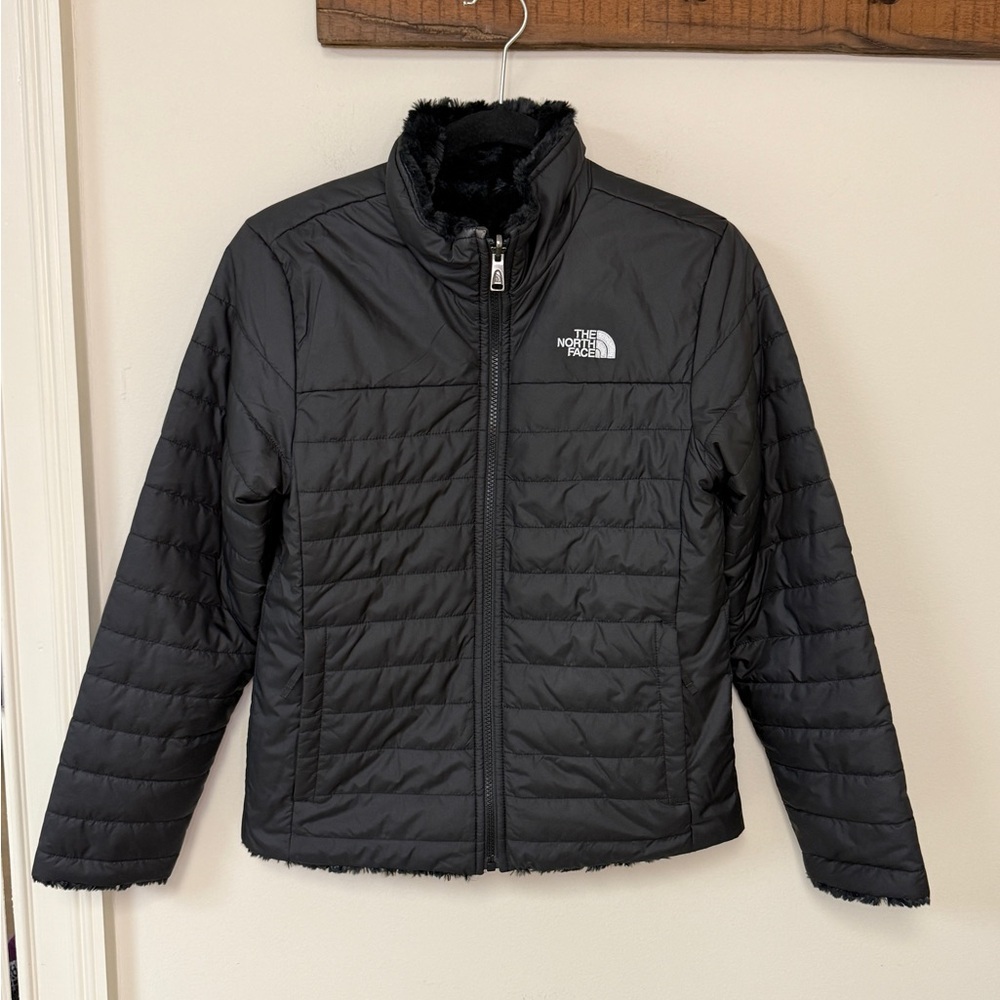The North Face: Girls Reversible Mossbud Swirl Jacket in Black, Size L (14/16)